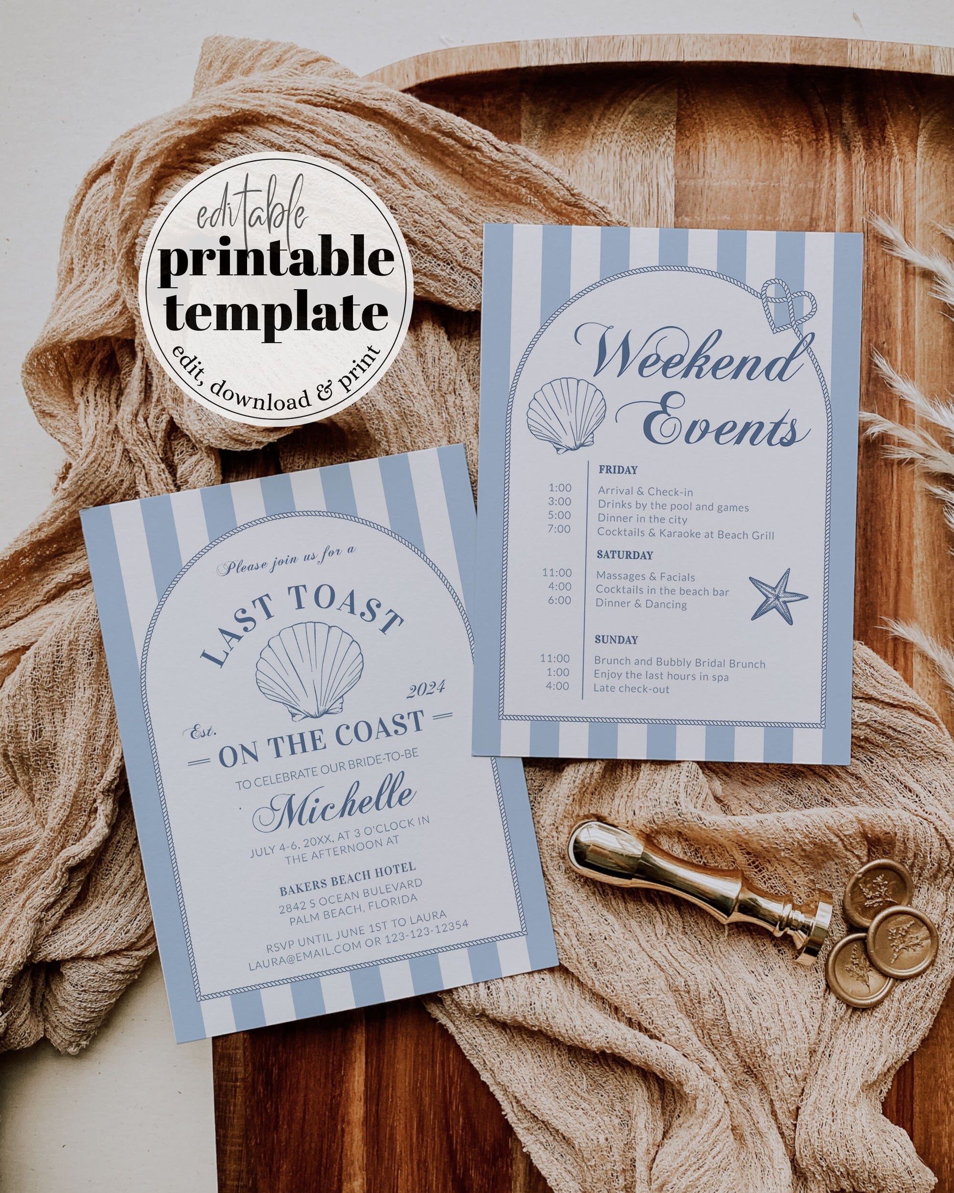 Coastal Bachelorette Invitation Itinerary, Last Toast on Coast Handwritten Invite Nautical Bachelorette at the Beach Printable Template #072 - TheLovebirdsDesign