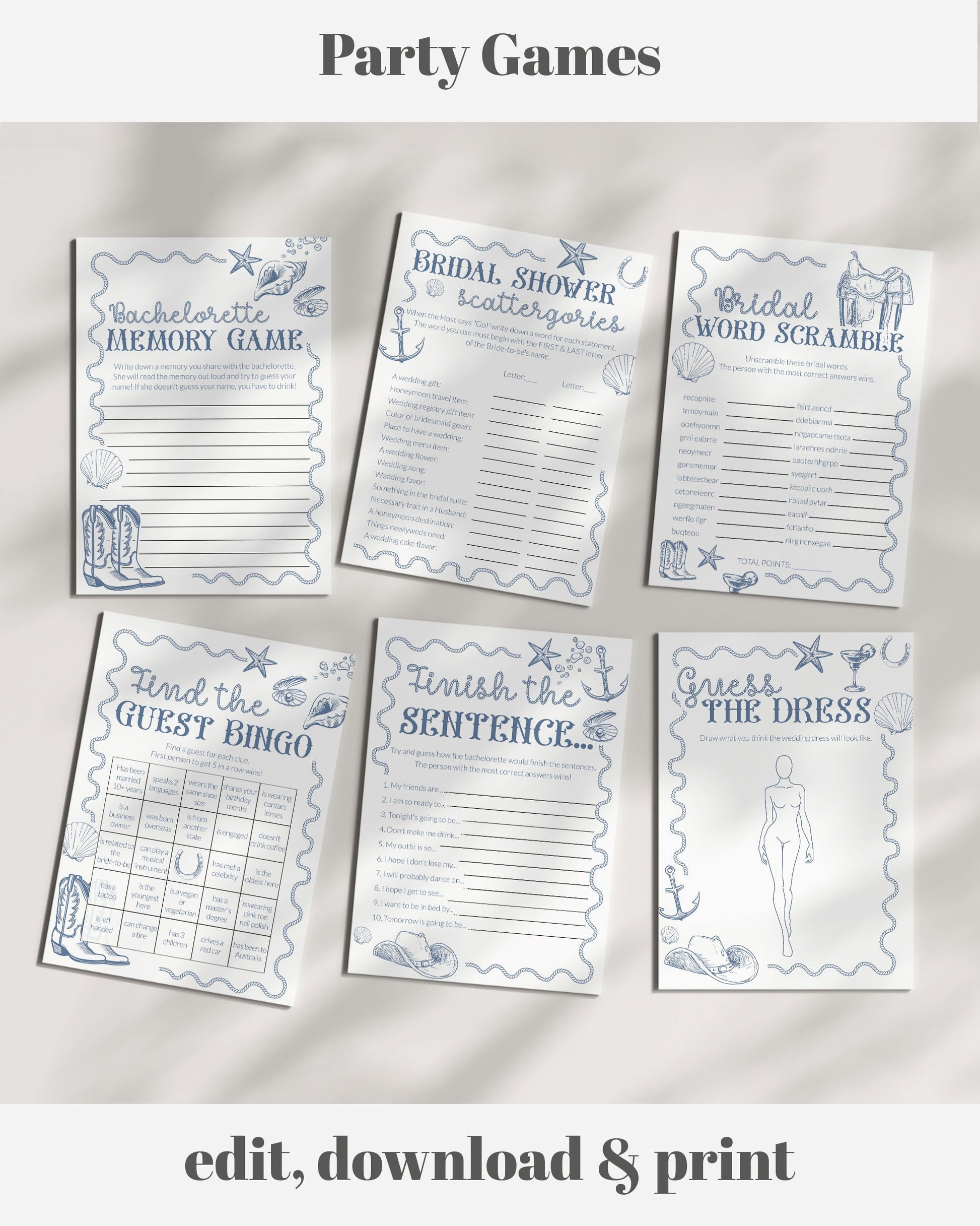 Coastal Cowgirl Nautical Bachelorette Party Games, Beach Bridal Shower Game Bundle Printable Template, Bingo, Would She, Word Scramble #072 - TheLovebirdsDesign