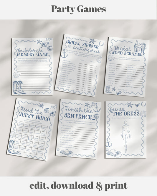 Coastal Cowgirl Nautical Bachelorette Party Games, Beach Bridal Shower Game Bundle Printable Template, Bingo, Would She, Word Scramble #072 - TheLovebirdsDesign
