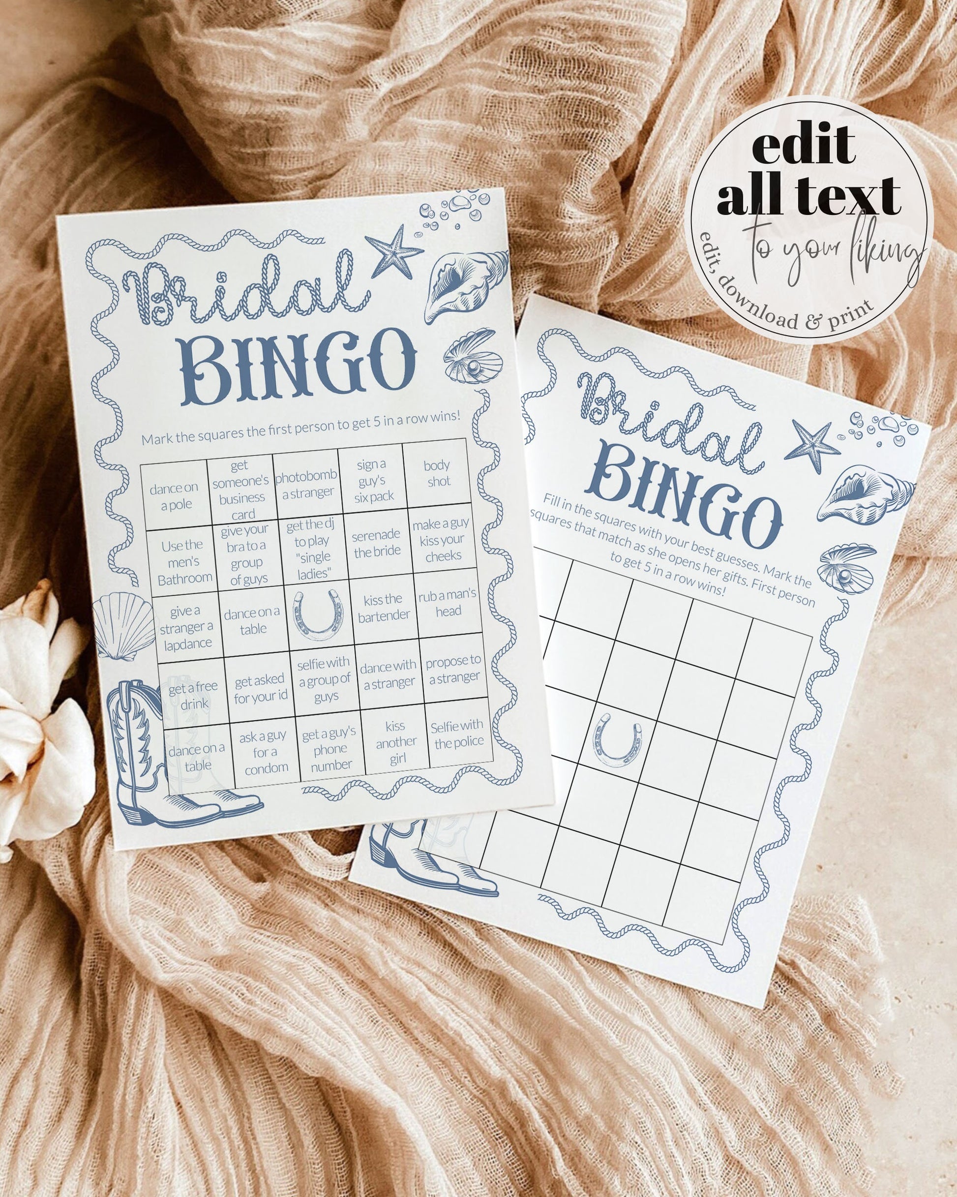 Coastal Cowgirl Nautical Bachelorette Party Games, Beach Bridal Shower Game Bundle Printable Template, Bingo, Would She, Word Scramble #072 - TheLovebirdsDesign