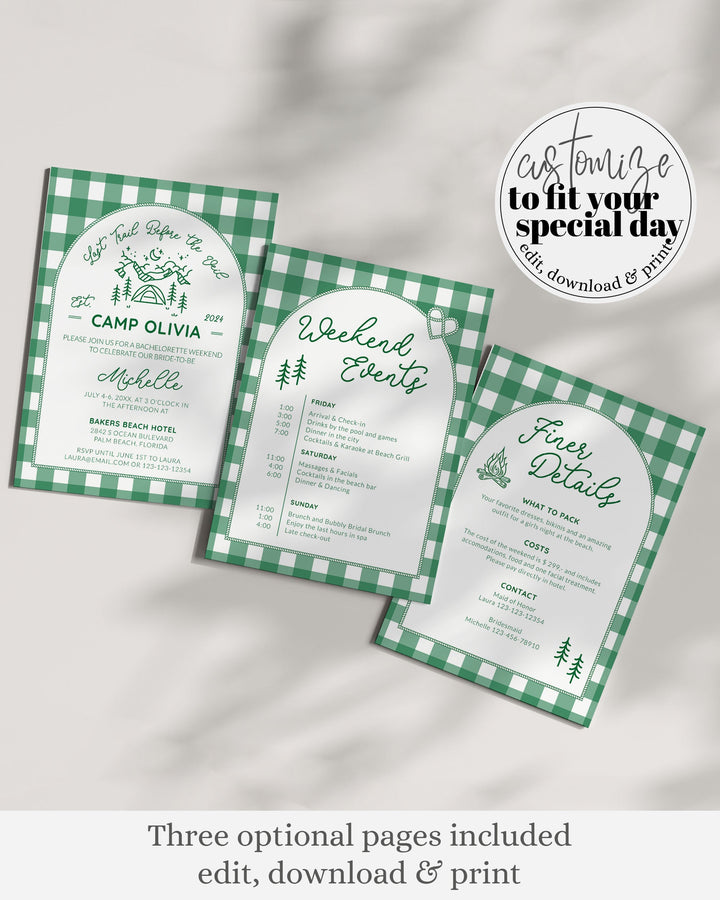 Camping Bachelorette Itinerary and Camp Invitation for Last Trail before Veil Bachelorette Weekend Glamping Camp Bach Invite Template #072 - TheLovebirdsDesign