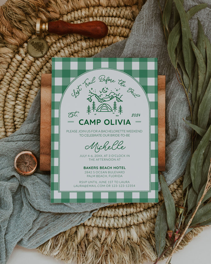 Camping Bachelorette Itinerary and Camp Invitation for Last Trail before Veil Bachelorette Weekend Glamping Camp Bach Invite Template #072 - TheLovebirdsDesign