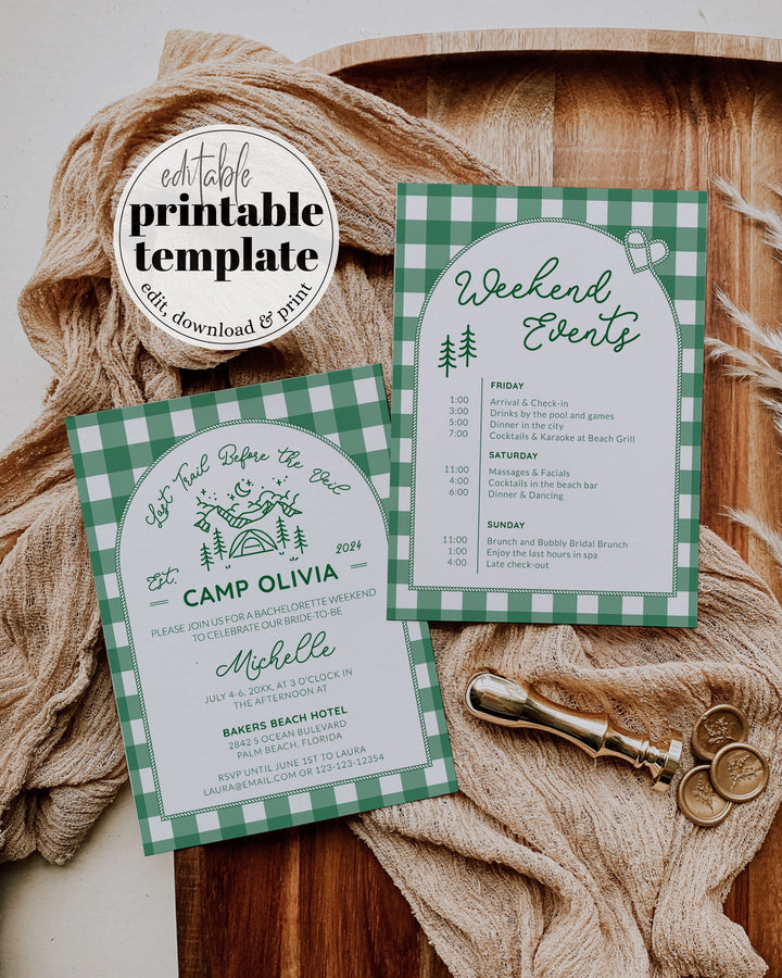 Camping Bachelorette Itinerary and Camp Invitation for Last Trail before Veil Bachelorette Weekend Glamping Camp Bach Invite Template #072 - TheLovebirdsDesign