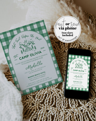 Camping Bachelorette Itinerary and Camp Invitation for Last Trail before Veil Bachelorette Weekend Glamping Camp Bach Invite Template #072 - TheLovebirdsDesign
