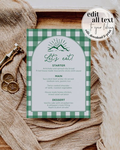 Camping Bachelorette Menu, Camp or Glamping Cocktail Food Menu Card Template 016GR-MENU - marryful.org
