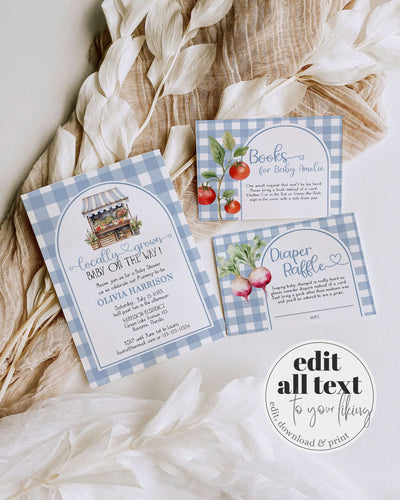 Editable Blue Locally Grown Baby Shower Invitation Bundle for Farmers Market or Homegrown Baby Shower Invitation Printable Template #068 - marryful.org