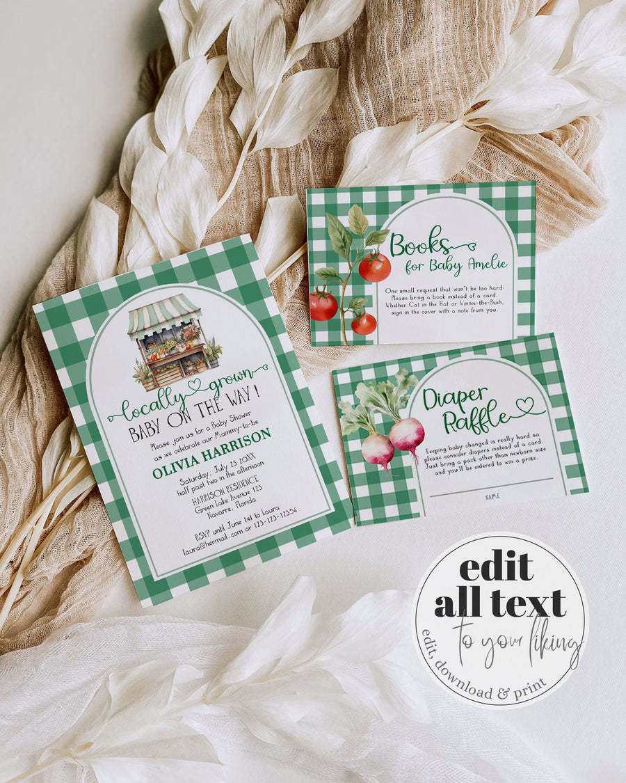 Farmers Market Baby Shower Invitation Template, Locally Grown Veggie Stand Gender Neutral 003LG-BSINV-GR - marryful.org