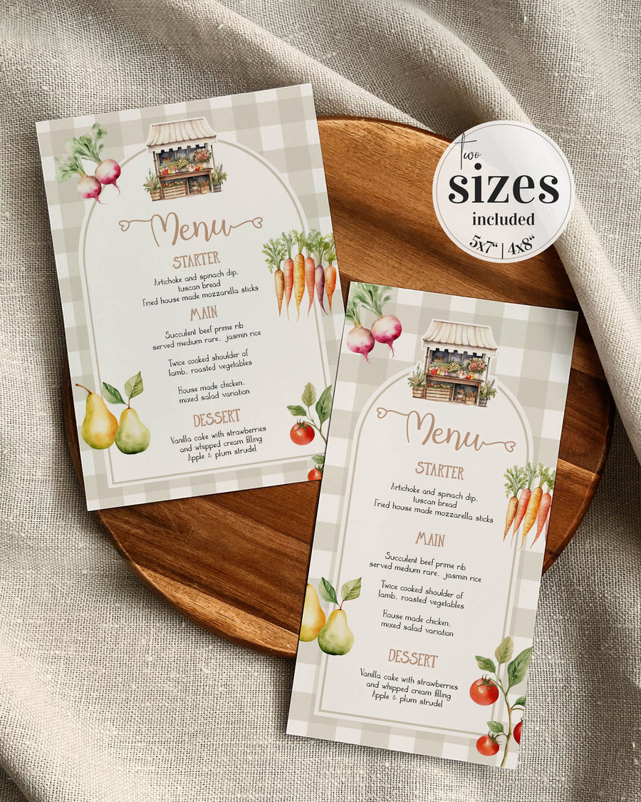Locally Grown Menu Card, Farmers Market Veggie Baby Shower Food Drink Menu Template 003LG-MENU - marryful.org