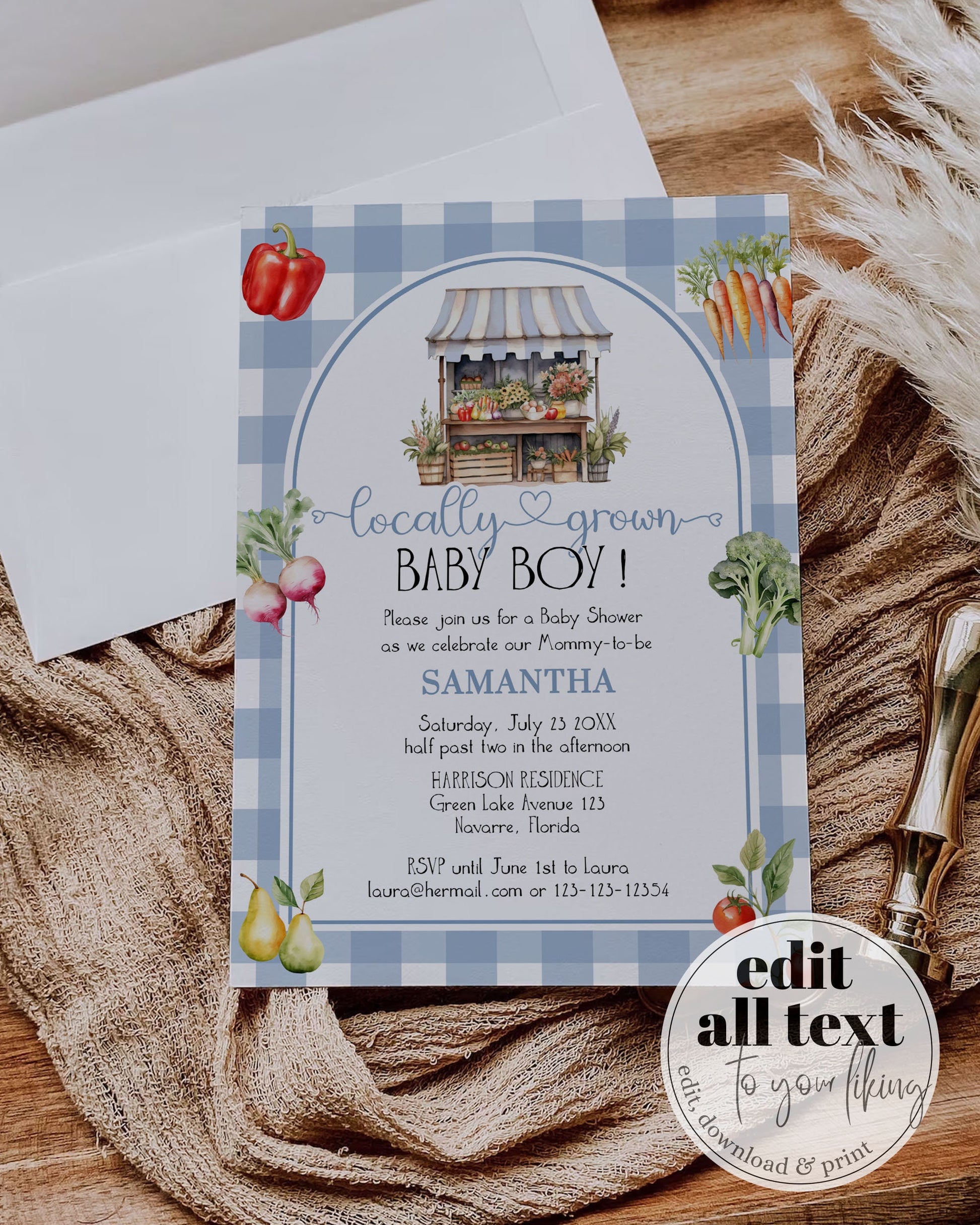 Locally Grown Dusty Blue Baby Shower Invitation, Editable Farmers Market Stand Baby Sprinkle Invite Bundle, Veggie Printable Template #068 - TheLovebirdsDesign