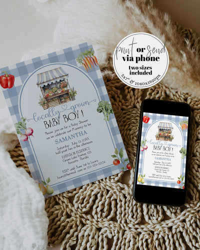 Locally Grown Dusty Blue Baby Shower Invitation, Editable Farmers Market Stand Baby Sprinkle Invite Bundle, Veggie Printable Template #068 - marryful.org