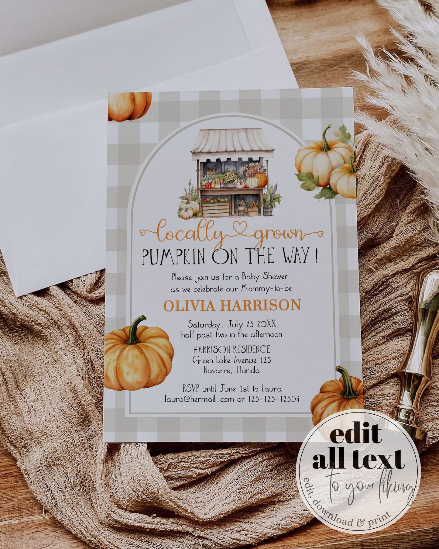 Gender Neutral Locally Grown Baby Shower Invite, Fall in Love Pumpkin Farmers Market Shower Invitation Boy or Girl Printable Template #068 - TheLovebirdsDesign