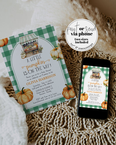 Fall Pumpkin Baby Shower Invite, Locally Grown Baby Shower Invitation, Farmers Market Fall in Love Baby Sprinkle Printable Template #068 - TheLovebirdsDesign