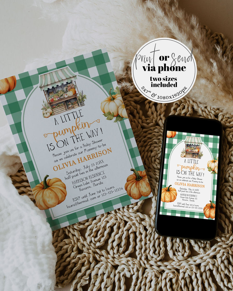 Pumpkin Baby Shower Invitation Template, Locally Grown Farmers Market Fall Baby Sprinkle 003LG-BSINV-GR - marryful.org