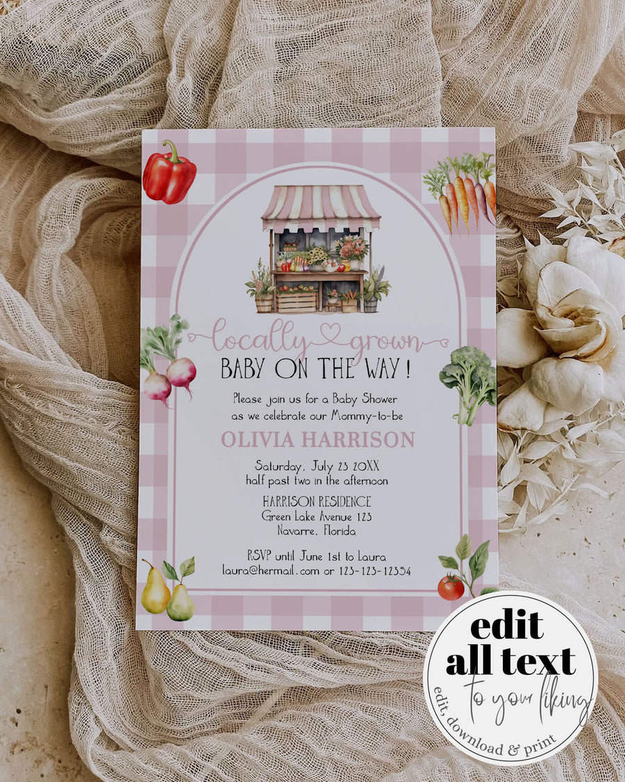 Locally Grown Baby Shower Invitation, Farmers Market Veggie Girl Template 003LG-BSINV-PI - marryful.org