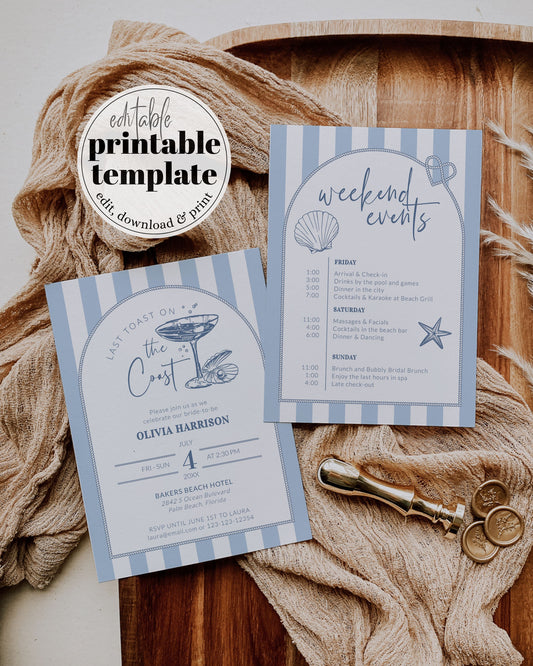 Modern Coastal Bachelorette Itinerary, Last Toast on the Coast Invitation, Coastal Grandma, Beach Bridal Shower Printable Template #072 - TheLovebirdsDesign