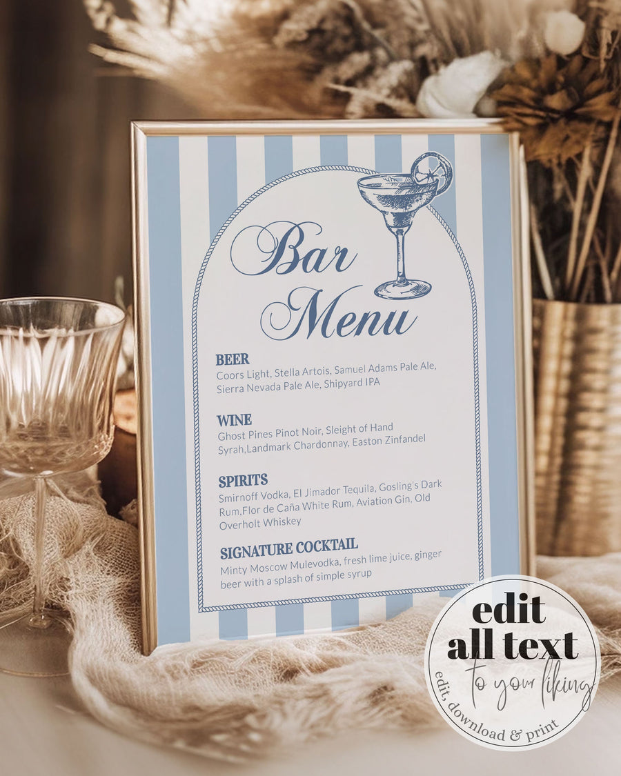 Coastal Bachelorette Bar Menu Sign, Last Toast on the Coast Cocktail Template 085CO-BAME