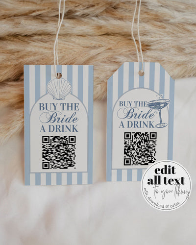 Coastal Bach Buy the Bride a Drink Game Tags for Last Toast on Coast Party, Nautical Bachelorette Bridal Shower Game Printable Template #072 - TheLovebirdsDesign