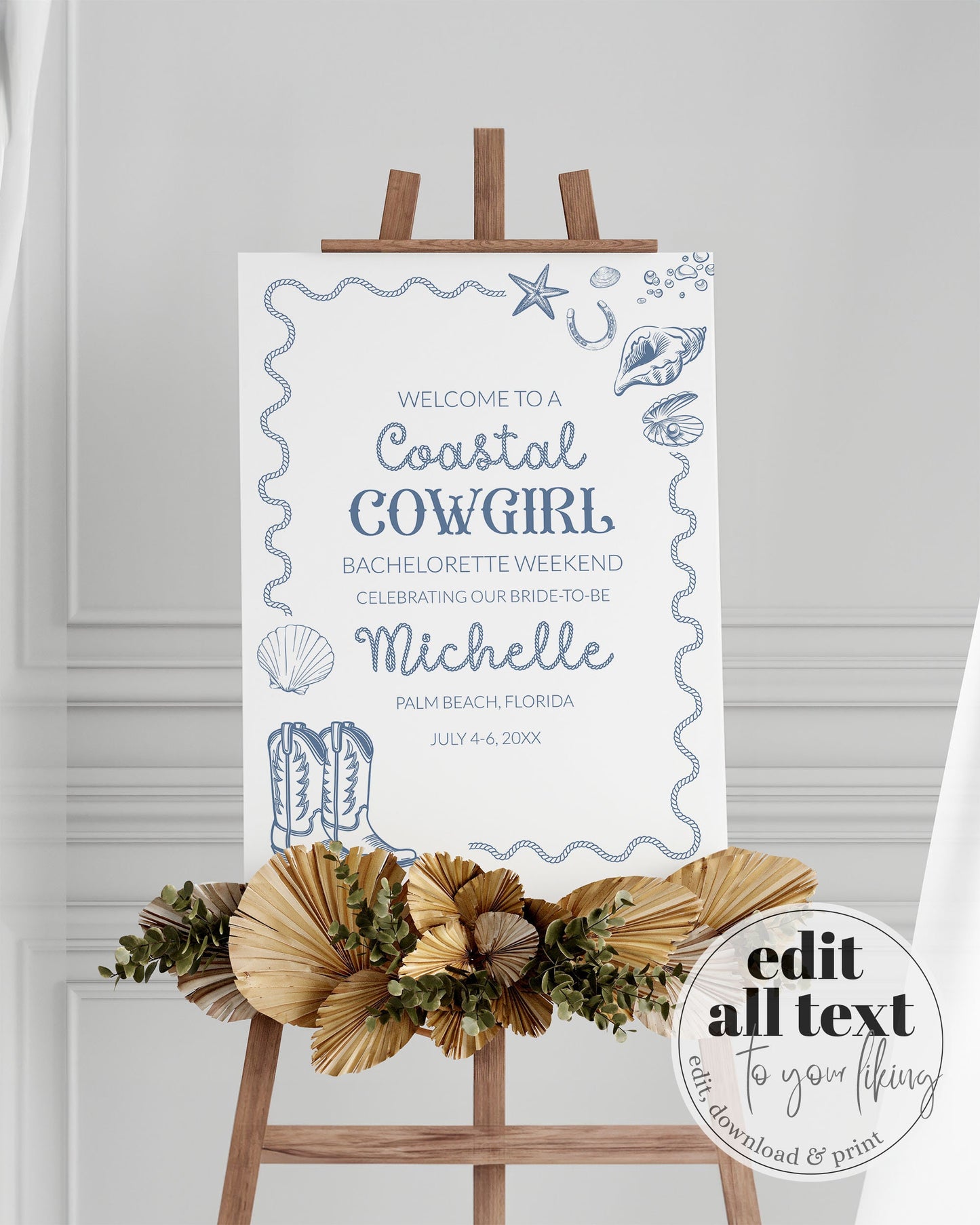 Coastal Cowgirl Nautical Bachelorette Welcome Sign, Girls Weekend Trip Decorations, Coastal Grandma Beach Bridal Shower Printable #072 - TheLovebirdsDesign