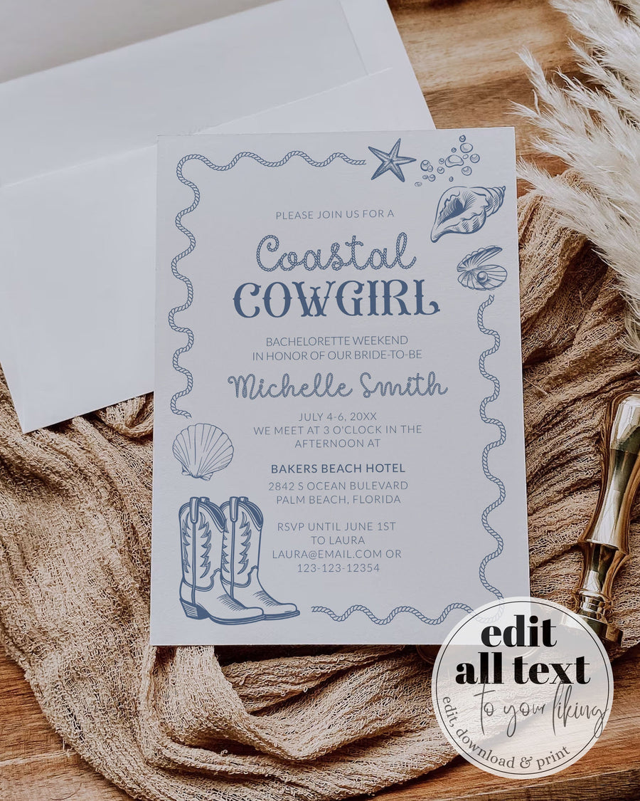 Beach Bachelorette Weekend Itinerary, Coastal Cowgirl Girls Weekend Invitation Template 024CC-BACHINV