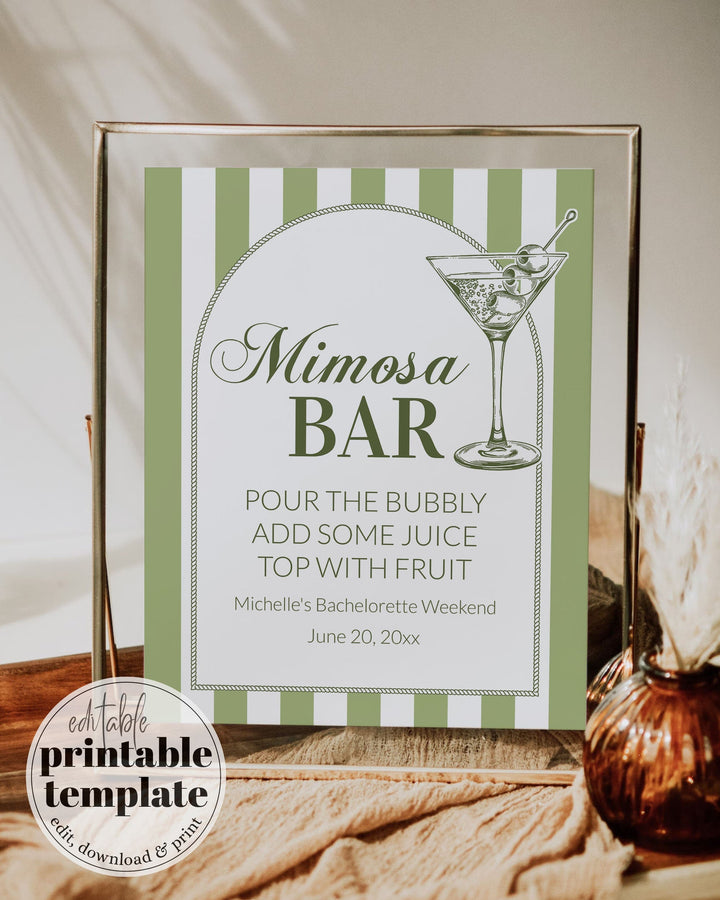 Bikinis and Martinis Mimosa Bar Sign, Martini themed 30th Birthday Bar Menu Sign, Editable Cocktail Menu Printable Template #072 - TheLovebirdsDesign