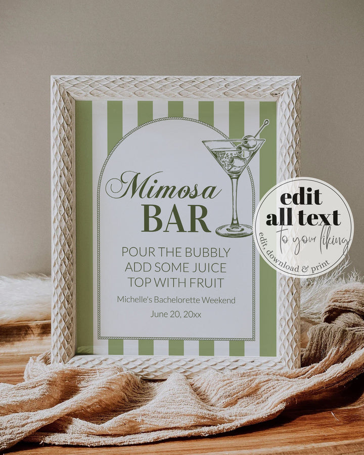 Bikinis and Martinis Mimosa Bar Sign, Martini themed 30th Birthday Bar Menu Sign, Editable Cocktail Menu Printable Template #072 - TheLovebirdsDesign