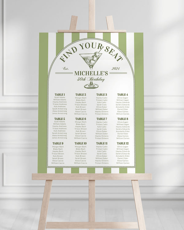 Martini Seating Chart for Tinis and Bikinis 30th Birthday Adult Party, Editable Seating Chart Sign Template Martini Themed Bach Party #072 - TheLovebirdsDesign