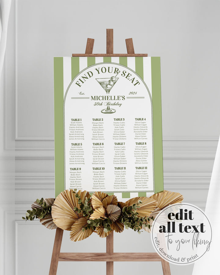 Martini Seating Chart for Tinis and Bikinis 30th Birthday Adult Party, Editable Seating Chart Sign Template Martini Themed Bach Party #072 - TheLovebirdsDesign