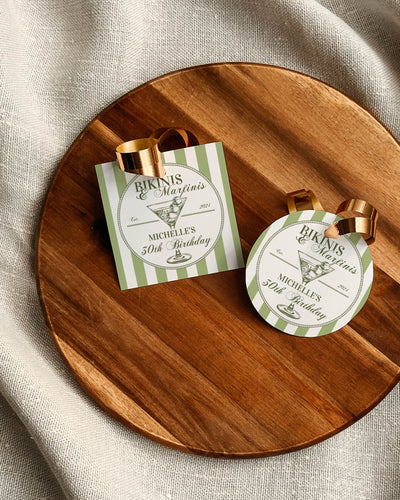 Bikinis Martinis Birthday Party Favor Tags, Dirty Martini Bach Favor Tags Template, Editable Tini Bit Older Dry Martini Decor Template #072 - TheLovebirdsDesign