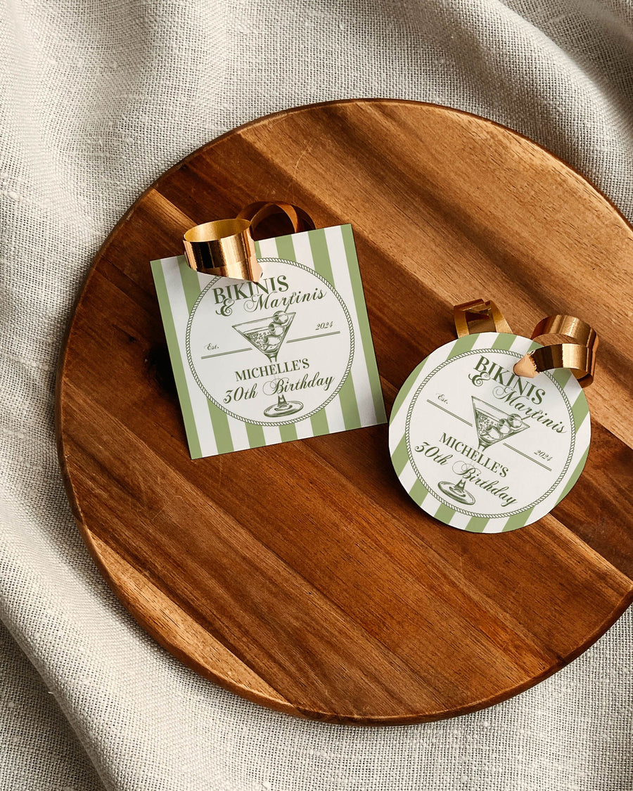 Bikinis Martinis Birthday Party Favor Tags, Dirty Martini Bach Favor Tags Template, Editable Tini Bit Older Dry Martini Decor Template #072 - marryful.org