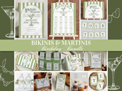 Bikinis and Martinis 30th Birthday Dry Martini Invitation & Decor Bundle, Editable Tini Bit Older Adult Birthday Party Bundle Template #072 - TheLovebirdsDesign