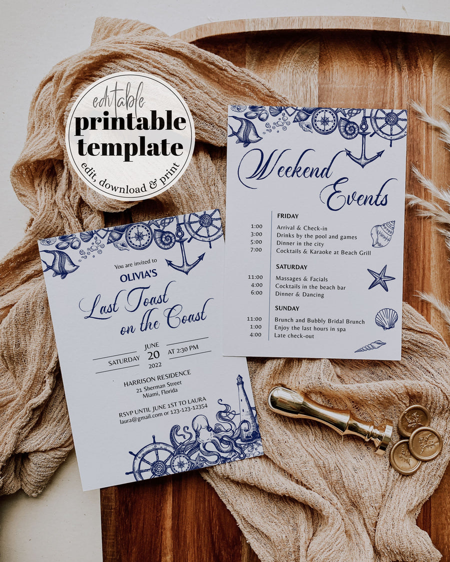 Nautical Bachelorette Invitation, Last Toast on the Coast Weekend Itinerary Template #071 - marryful.org