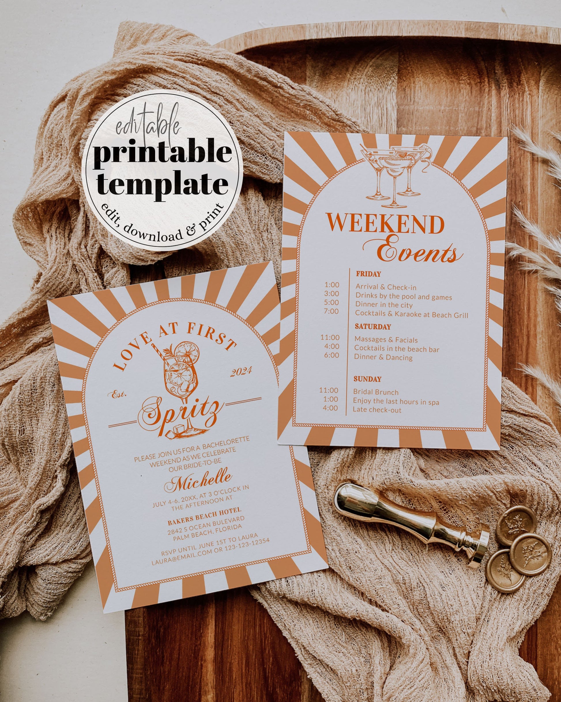 Love at first Spritz themed Bachelorette Party Invite Weekend Itinerary, Thats Amore Italian Spritz Social Club Bach Invitation Template#072 - TheLovebirdsDesign
