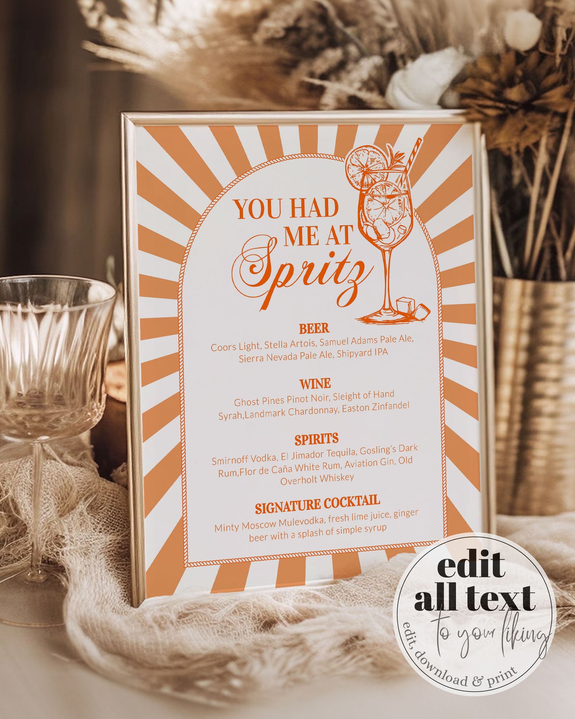 Love at first Spritz themed Bar Menu Sign, Thats Amore Italian Spritz Cocktail Drinks Menu You had me at Spritz Printable Template #072 - TheLovebirdsDesign