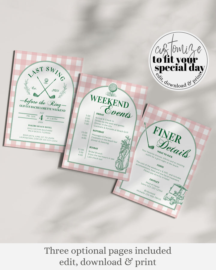 Golf Bachelorette Itinerary, Hole in One Par Tee Girls Weekend Trip Itinerary, Luxury Country Club Old Money Aesthetic Printable #072 - TheLovebirdsDesign