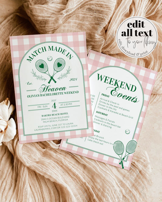 Tennis Bachelorette Itinerary for Pickleball Bridal Shower, Perfect Match Bachelorette Invitation, Last Swing before Ring Girls Trip #072 - TheLovebirdsDesign