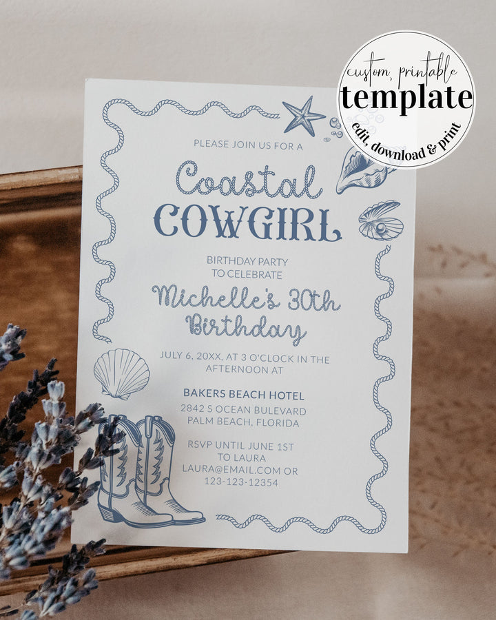 Coastal Cowgirl Birthday Invitation for Toast on Coast in Hampton or Miami, Adult Woman Beach Birthday Invitation Printable Template #072 - TheLovebirdsDesign