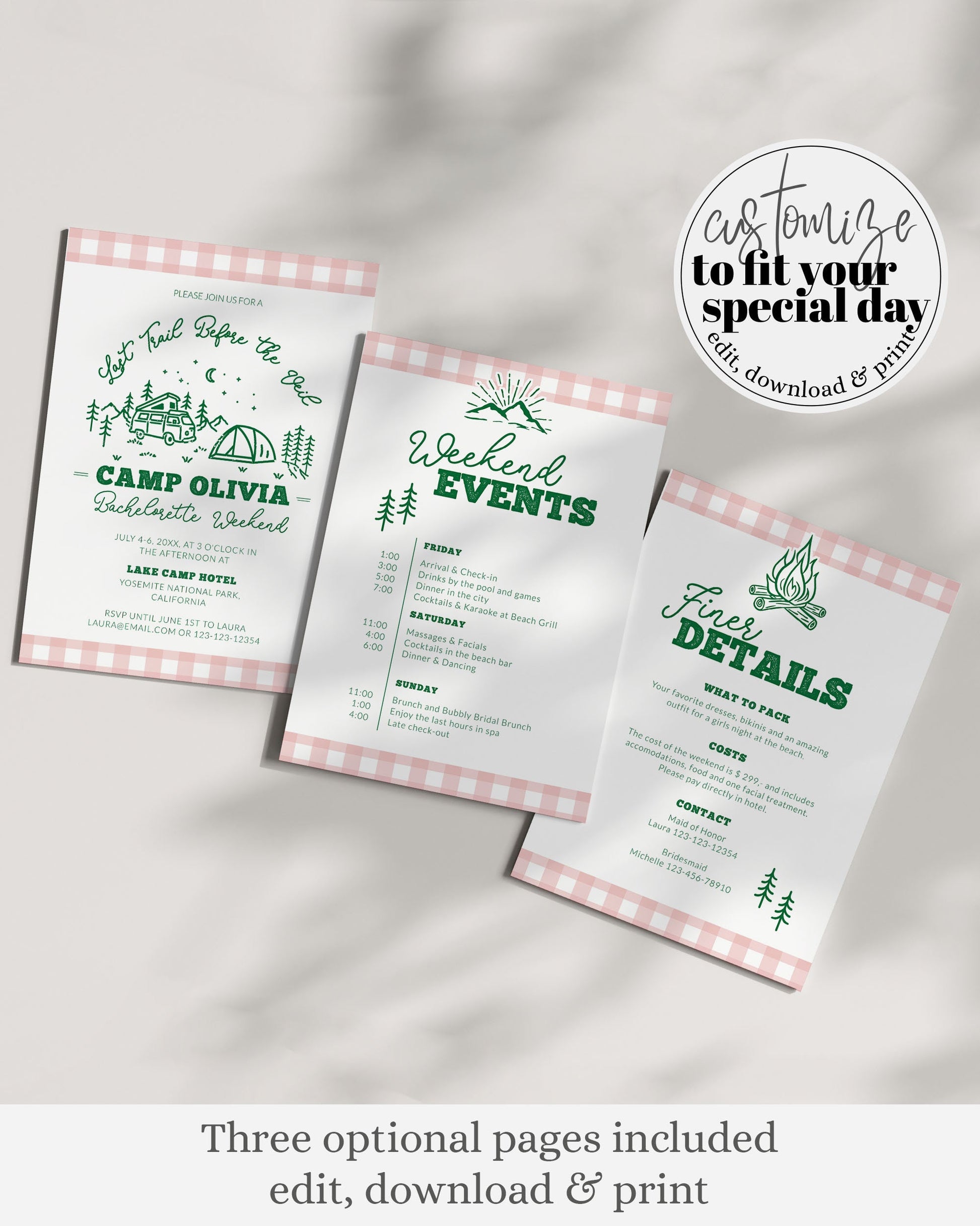 Camp Bachelorette Itinerary Camping Girls Trip Invitation Last Trail before the Veil Bachelorette Weekend Glamping Hen Do Bach Template #072 - TheLovebirdsDesign