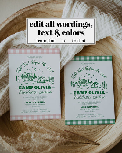 Camp Bachelorette Itinerary Camping Girls Trip Invitation Last Trail before the Veil Bachelorette Weekend Glamping Hen Do Bach Template #072 - TheLovebirdsDesign