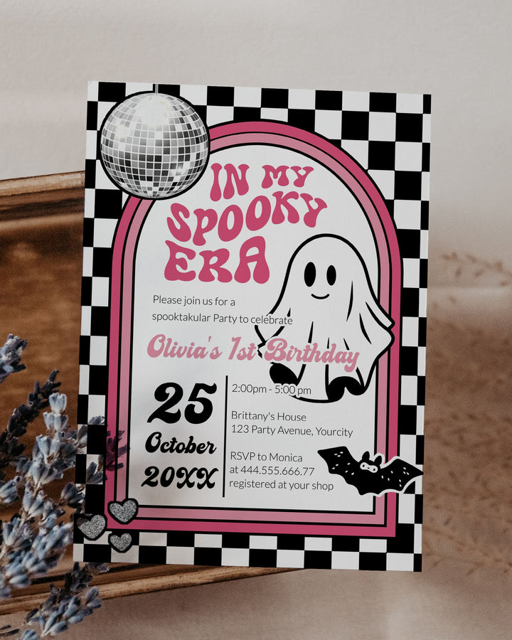 Retro Hippie Halloween Birthday Invitation, Disco Groovy Ghost In my Spooky Era Birthday Invite, October Baby Birthday Printable Evite #081 - TheLovebirdsDesign
