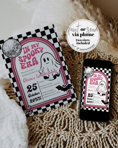 Retro Hippie Halloween Birthday Invitation, Disco Groovy Ghost In my Spooky Era Birthday Invite, October Baby Birthday Printable Evite #081 - TheLovebirdsDesign