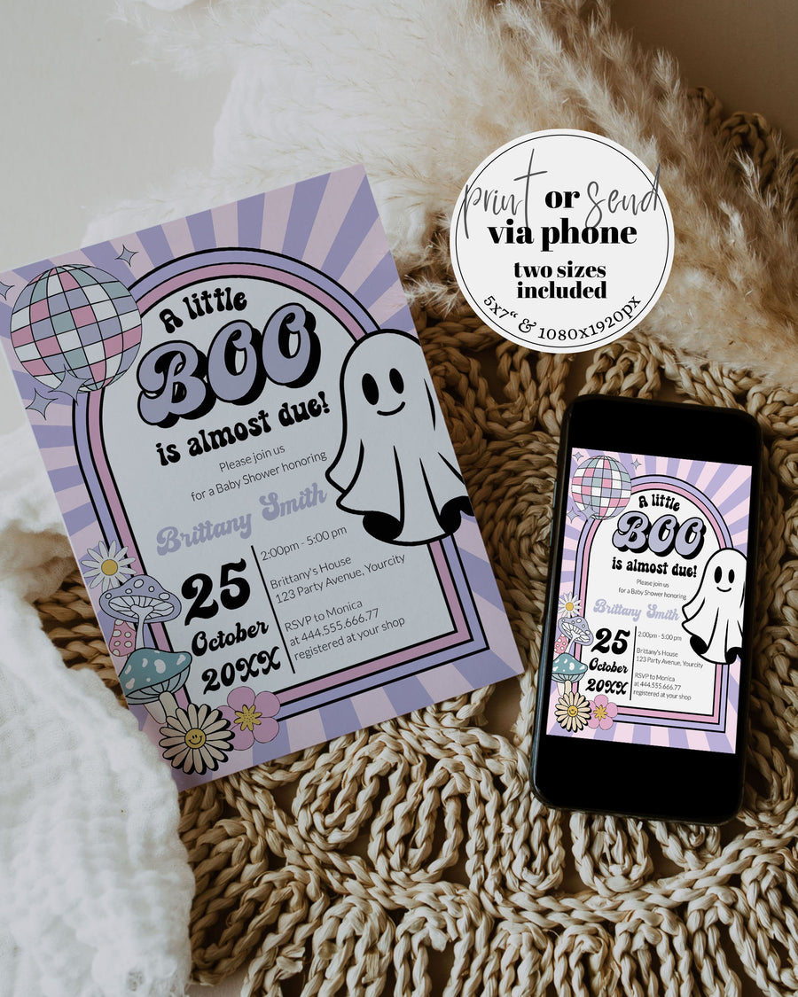 Pastel Little Boo Baby Shower Invitation, Retro Ghost Mushroom Disco Printable Editable Template