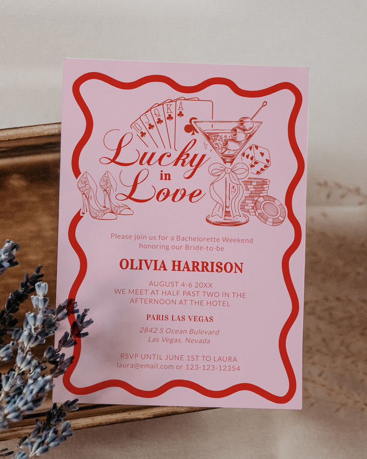 Lucky in Love Handwritten Bachelorette Invitation, Las Vegas Bridal Shower Girls Trip Bach Weekend Itinerary Printable Template Invite #072 - TheLovebirdsDesign