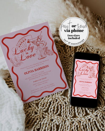 Lucky in Love Handwritten Bachelorette Invitation, Las Vegas Bridal Shower Girls Trip Bach Weekend Itinerary Printable Template Invite #072 - TheLovebirdsDesign