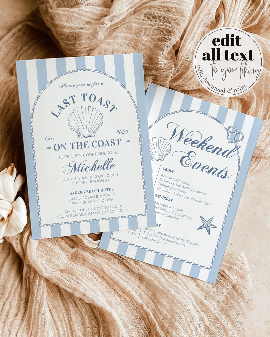 Coastal Bachelorette Invitation, Last Toast on the Coast Weekend Itinerary Template 085CO-BAINV3 - marryful.org