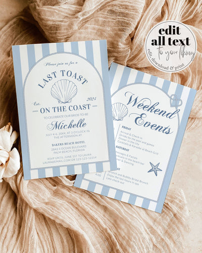 Coastal Bachelorette Invitation, Last Toast on the Coast Weekend Itinerary Template 085CO-BACHINV