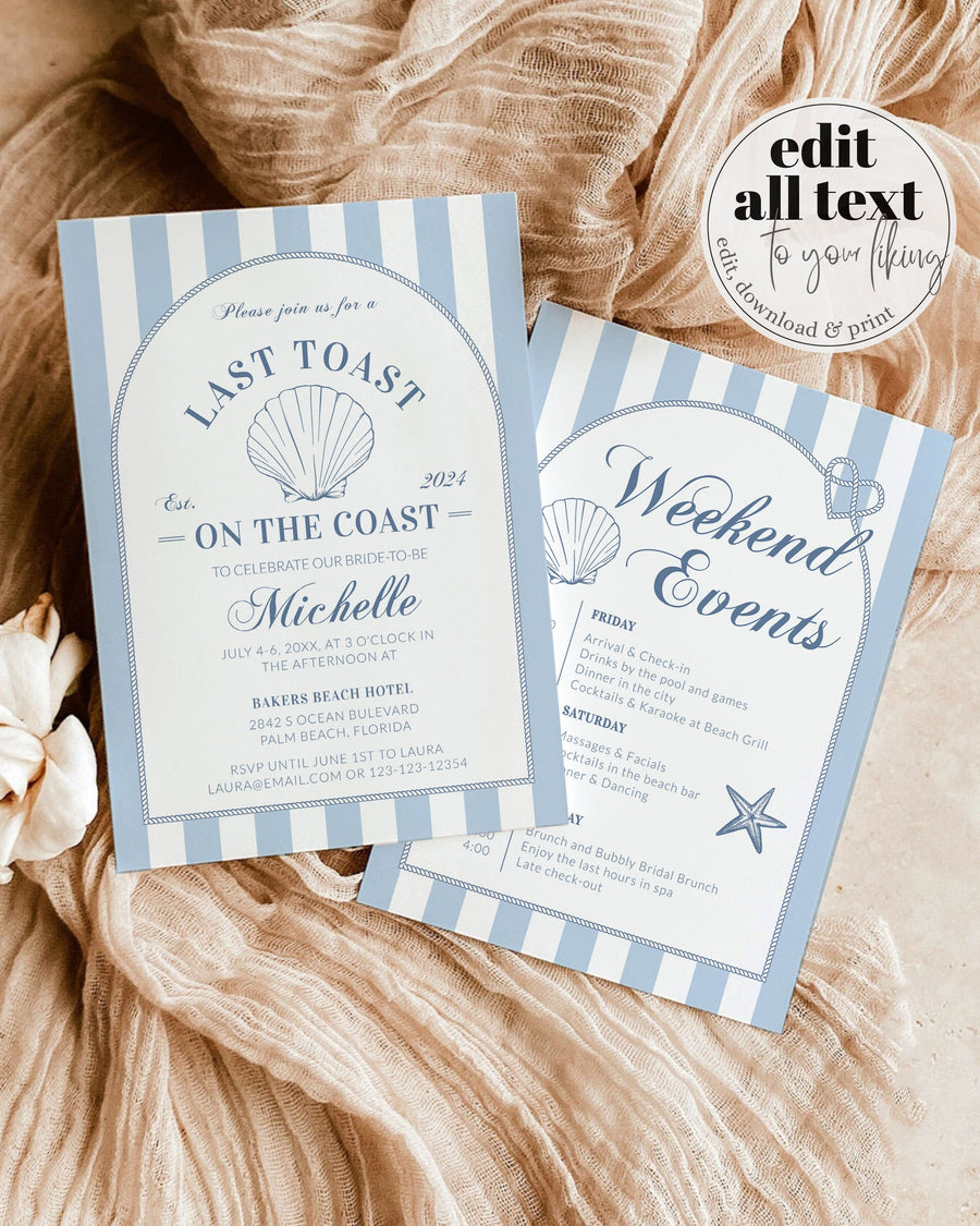 Coastal Bachelorette Invitation, Last Toast on the Coast Weekend Itinerary Template 085CO-BACHINV