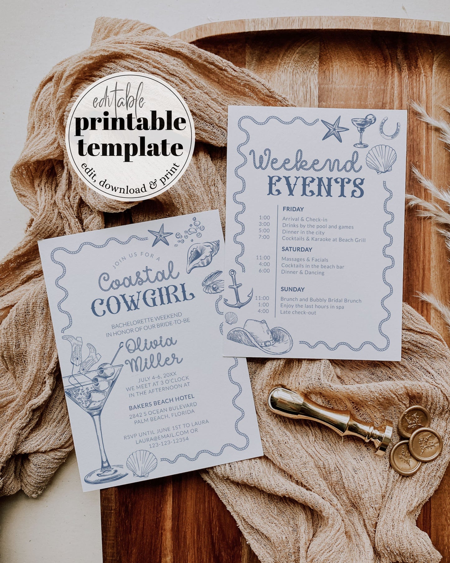 Coastal Cowgirl Bachelorette Itinerary, Nautical Beachie Cowgirl Bachelorette Girls Trip Scottsdale Weekend Trip Invitation, Last Rodeo #072 - TheLovebirdsDesign