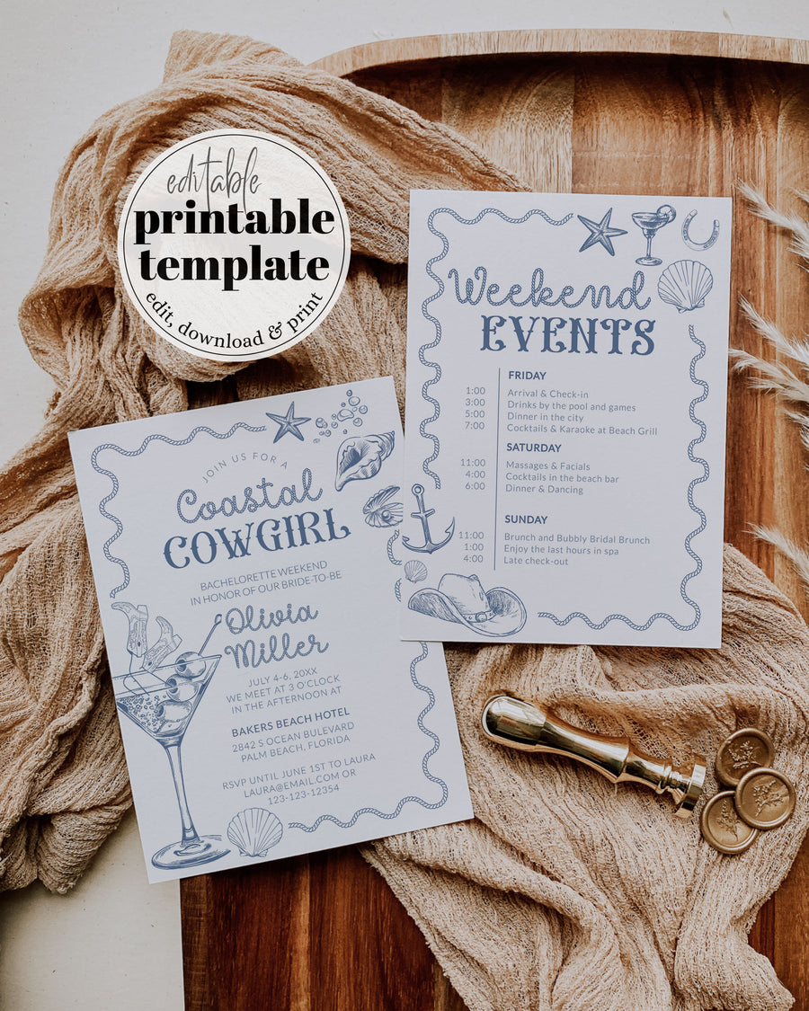 Coastal Cowgirl Bachelorette Itinerary, Nautical Girls Weekend Trip Invitation 024CC-BACHINV