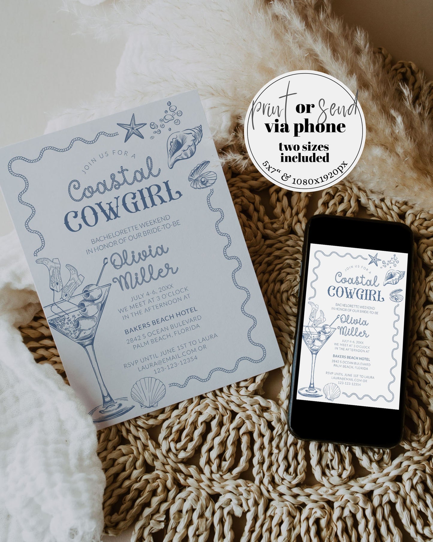 Coastal Cowgirl Bachelorette Itinerary, Nautical Beachie Cowgirl Bachelorette Girls Trip Scottsdale Weekend Trip Invitation, Last Rodeo #072 - TheLovebirdsDesign