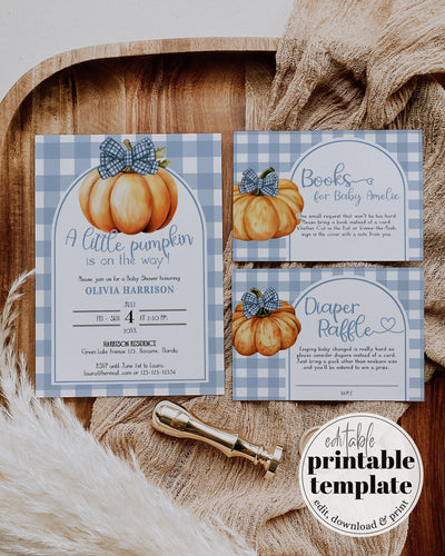 Editable Pumpkin Boy Baby Shower Set Blue Bow Little Cutie Bundle Rustic Blue Locally Grown Fall in Love Baby Shower Invitation Template#068 - TheLovebirdsDesign